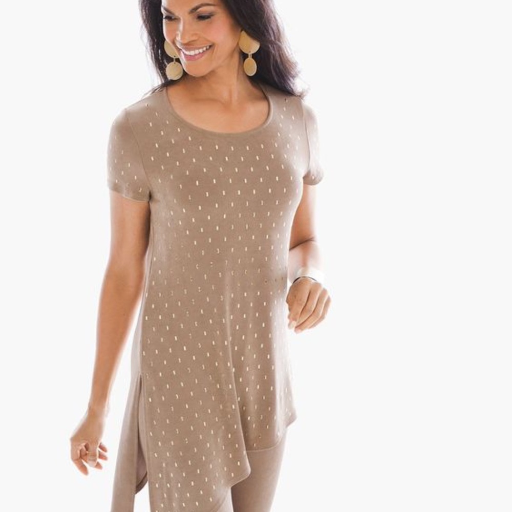 Chico's Brown Studded Round Neck High Low Slit Top